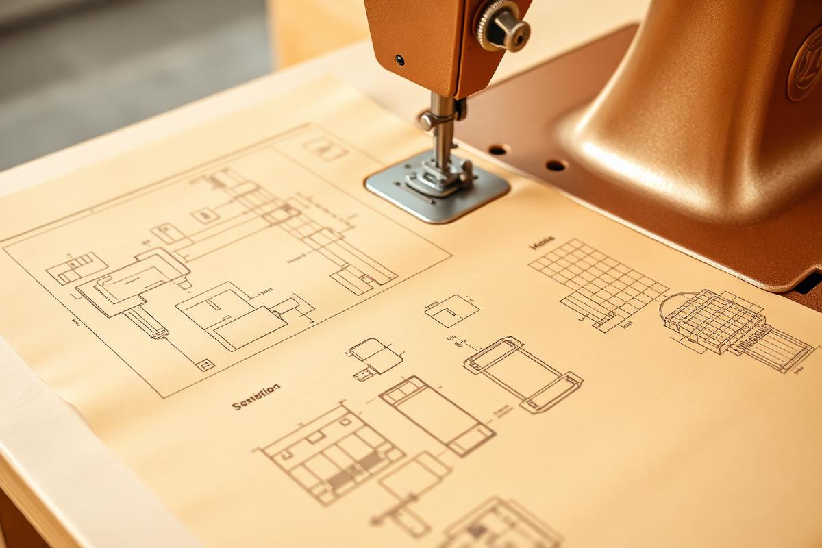 Sewing machine and technical sketches in the Munich atelier